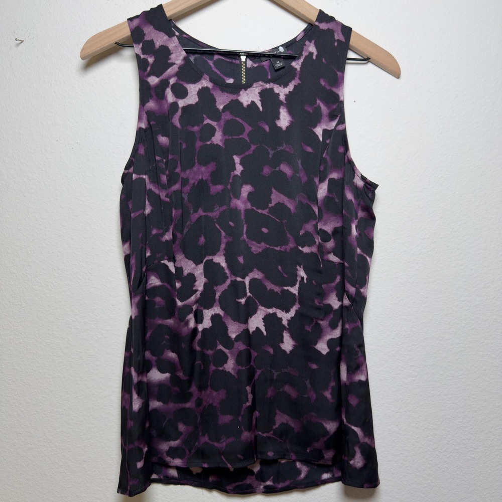 Ann Taylor Women 100% SILK Tank Top Medium Purple Leopard Print Sleeveless Indie